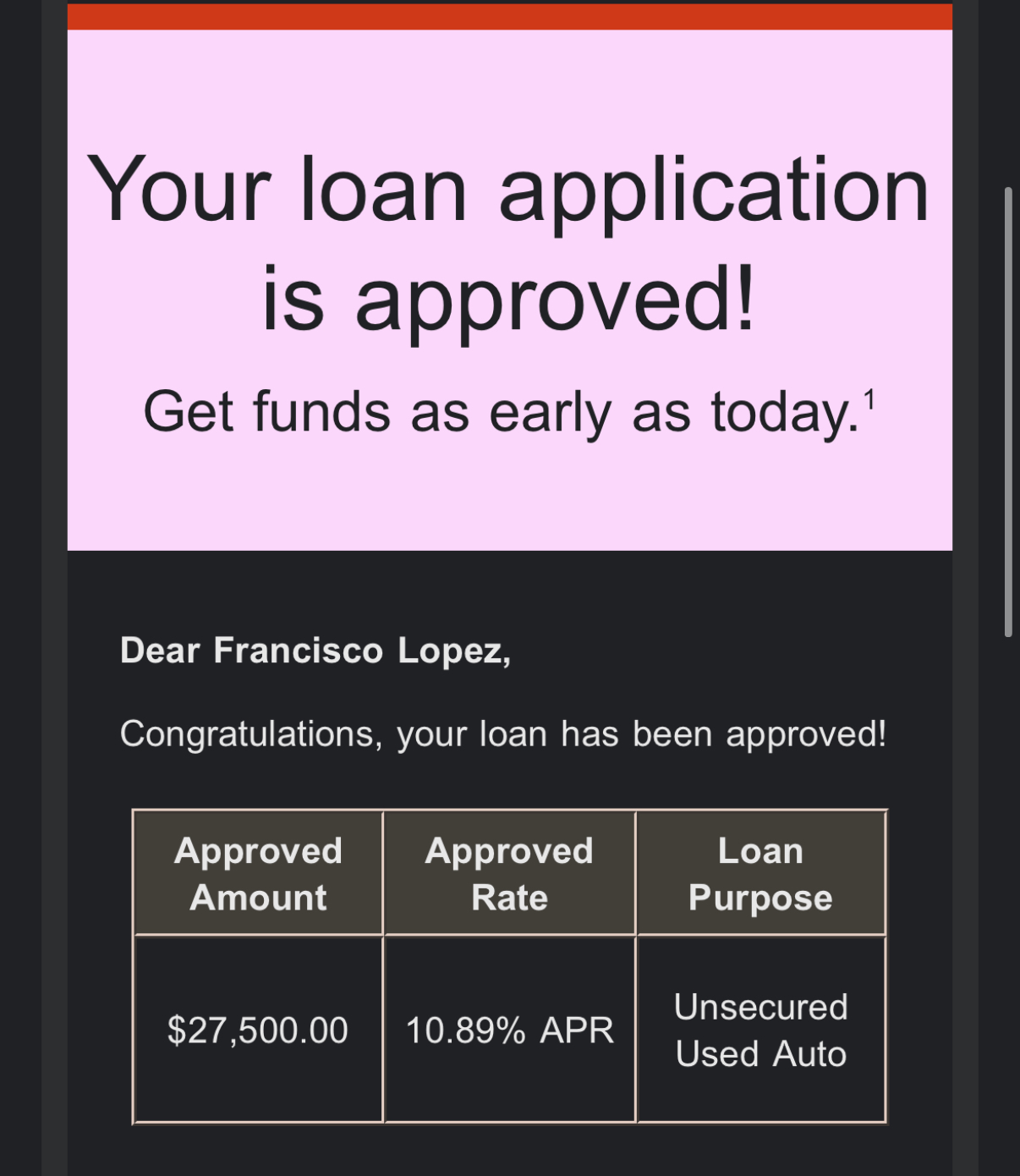 Loan approval notice for $27,500 at 10.89% APR