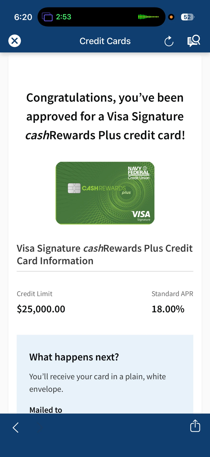 Navy Federal approval screen for a Visa Signature cashRewards Plus card with a $25,000 credit limit